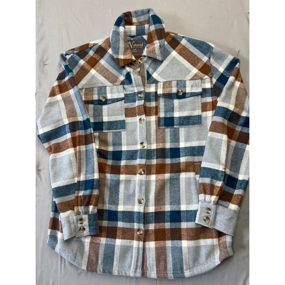 Natural Reflections Blue Brown Plaid Flannel Shacket Shirt Jacket 652NRF232171W